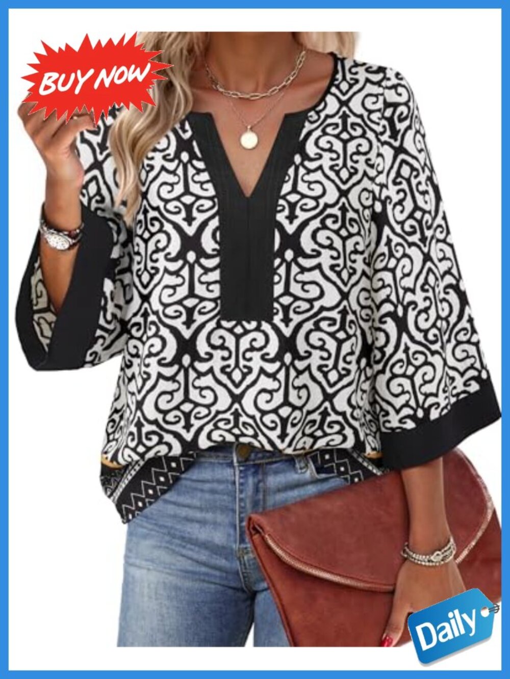 Women's Floral Chiffon Blouse Loose Fit 3/4 Sleeve V Neck Tunic Top